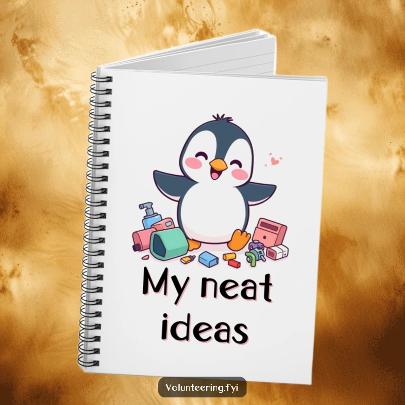 Funny penguin notebook, a playful penguin energetically tidying scattered items, a humorous and practical stationery gift.