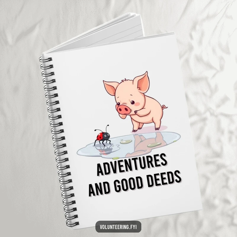 Funny piglet notebook with a determined piglet helping a ladybug cross a puddle, ideal for journaling acts of kindness.
