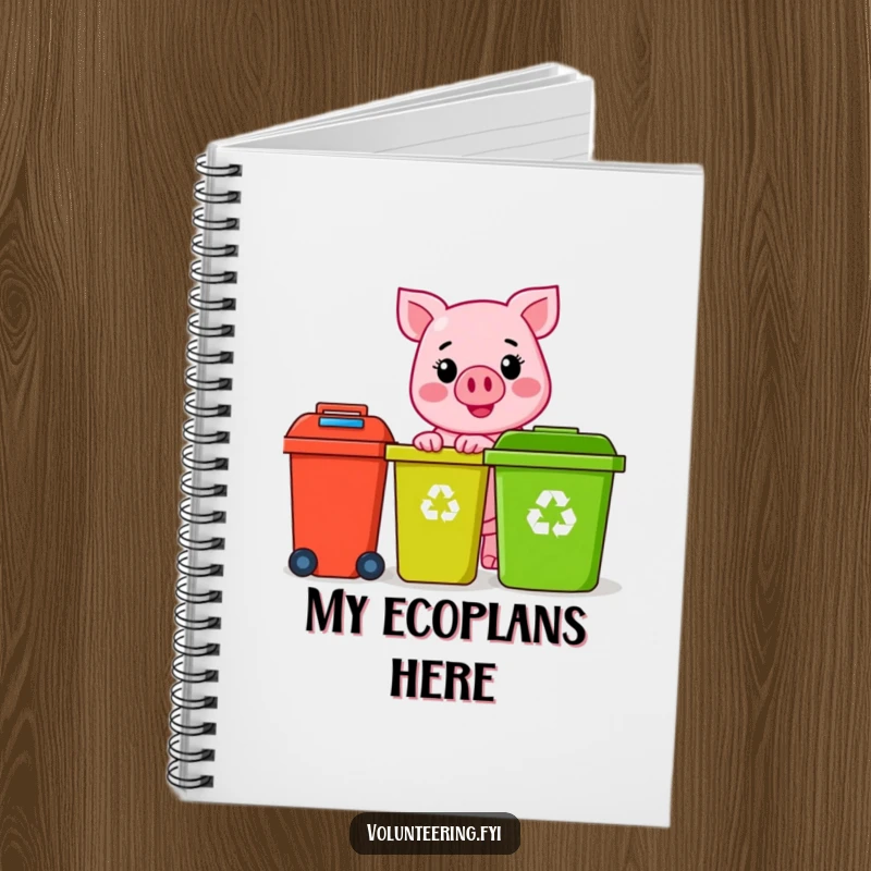 Funny pink pig character with a sunny smile, happily sorting colorful recycling bins, on a handy notebook, a funny stationery gift.