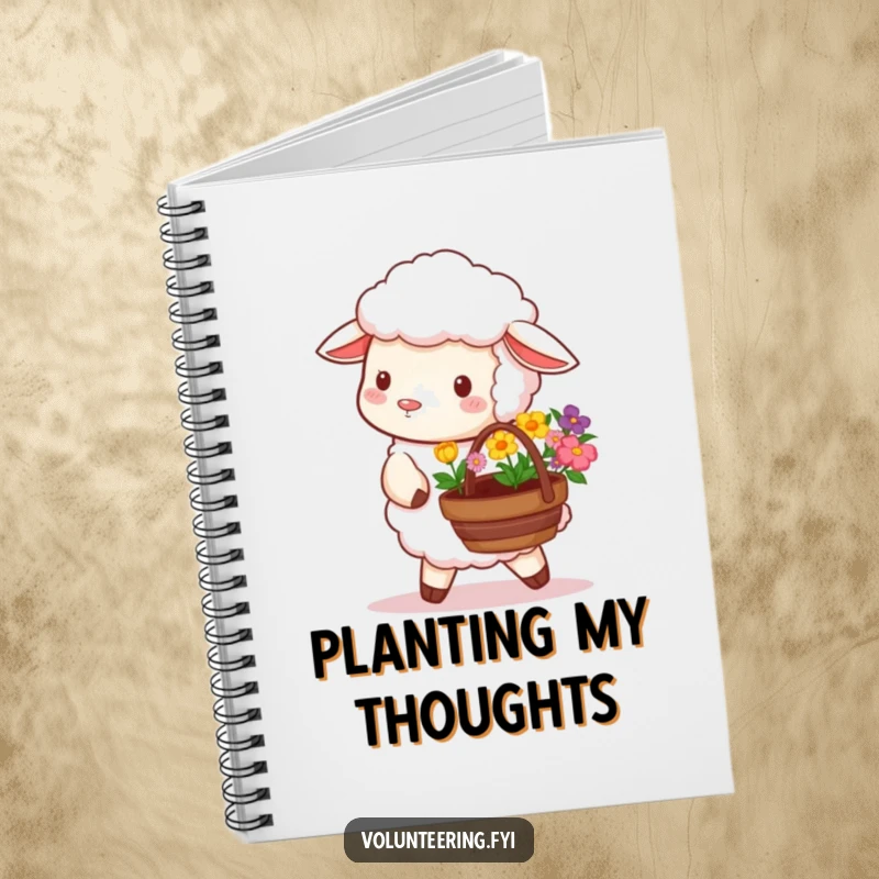 Funny notebook cover with a fluffy sheep carrying a basket of flowers, ideal for garden journaling.