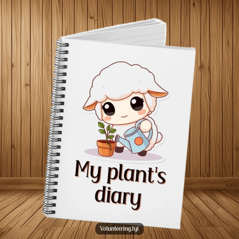 Funny Notebook: Fluffy white sheep with large, kind eyes carefully waters a small potted plant with a tiny watering can, for writing.