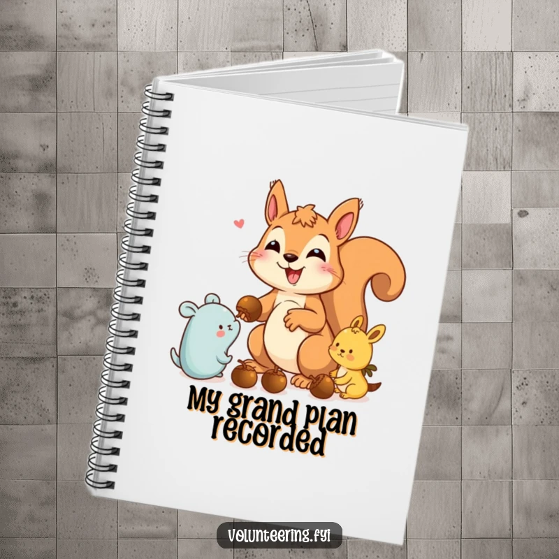 Funny squirrel notebook with a delighted squirrel handing out acorns, perfect for journaling with a touch of forest humor.