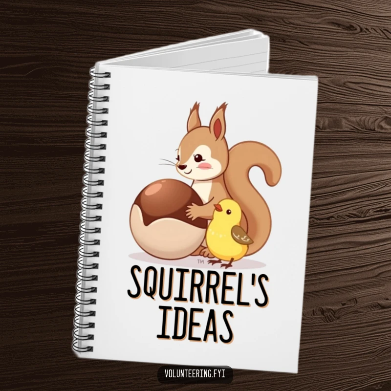 Funny notebook with a squirrel sharing a nut with a happy bird, ideal for writing and drawing.