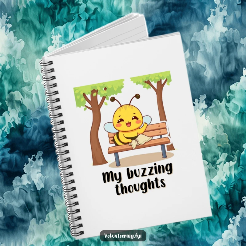 Funny Notebook: Joyful yellow bee with a determined expression polishes a park bench with a small cloth, for writing.