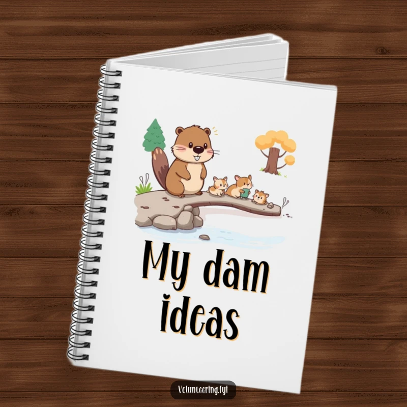 Funny beaver notebook, a diligent beaver guiding small animals across a bridge, a humorous and practical stationery gift.