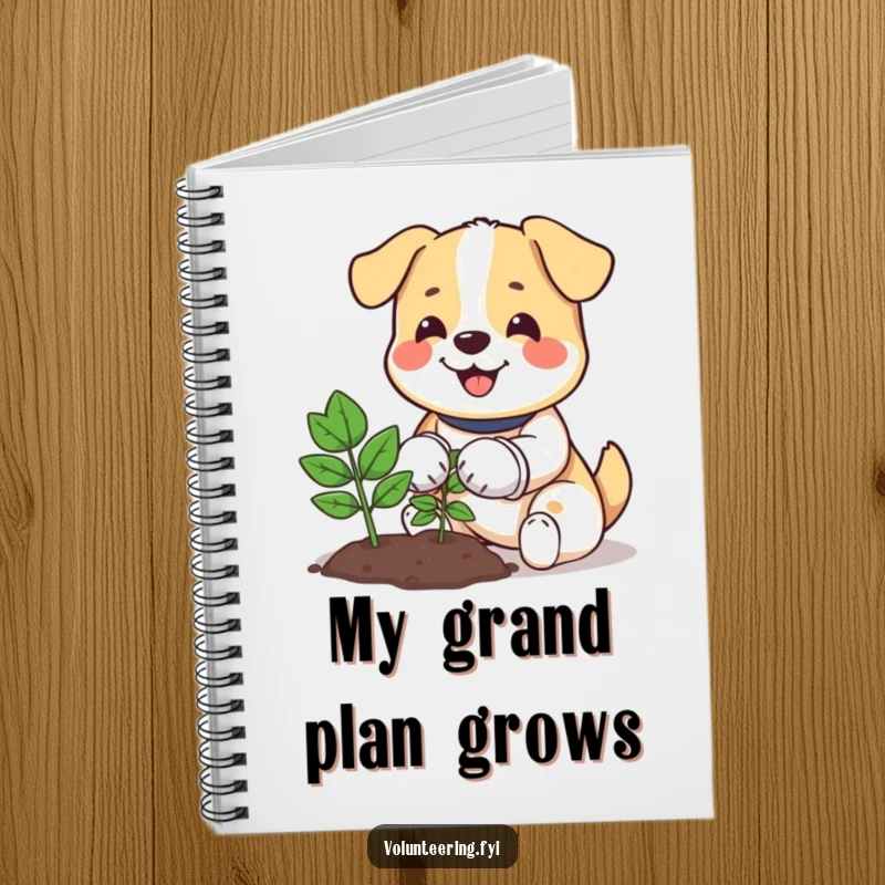Funny notebook with a happy dog in gardening gloves planting a small tree, designed for nature-inspired note-taking.
