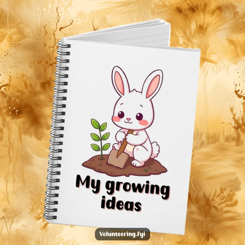 Funny Notebook with a cute bunny character planting a small tree, offering space for notes and inspiration with a touch of nature.