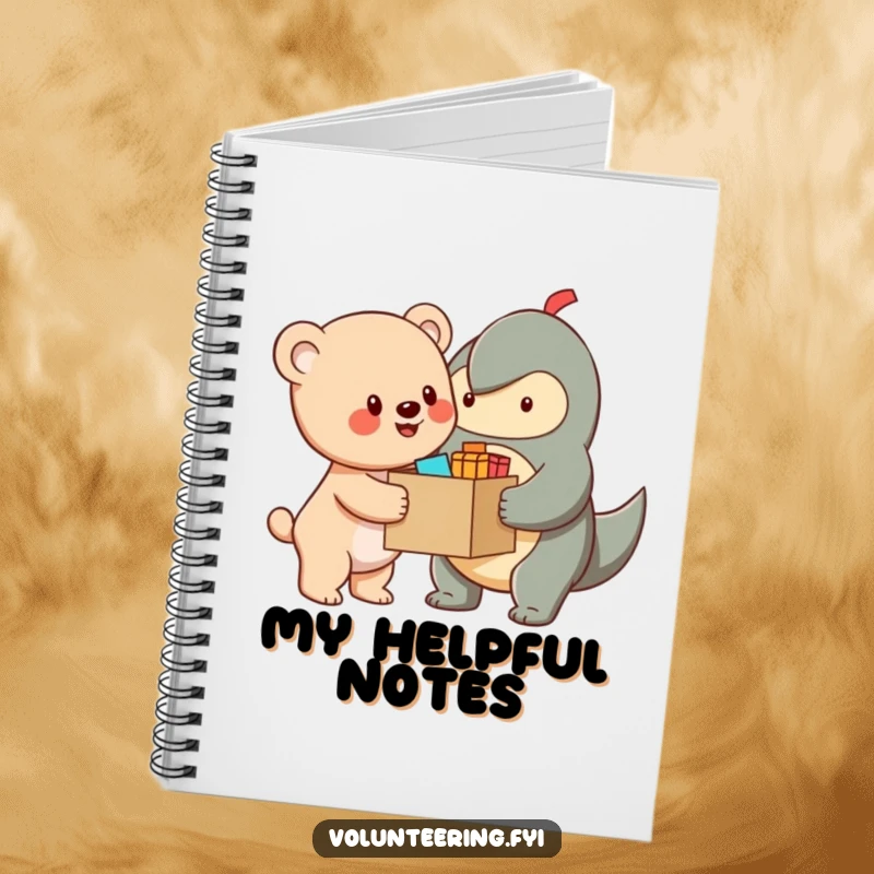 Funny Notebook with a cheerful bear cub character handing out supplies, offering space for notes and inspiration with a helpful theme.