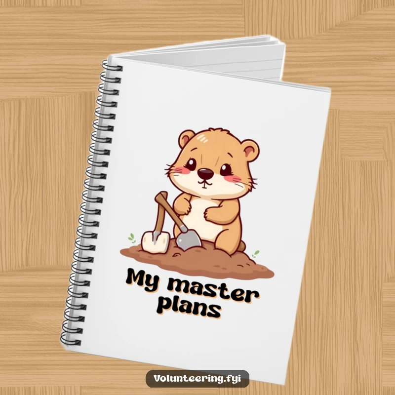 Funny notebook cover with a determined beaver smoothing soil with a small shovel, ideal for project journaling.