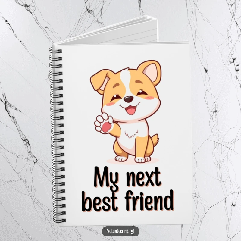 Funny joyful dog character offering a friendly paw to another dog on a lined notebook, perfect funny gift.