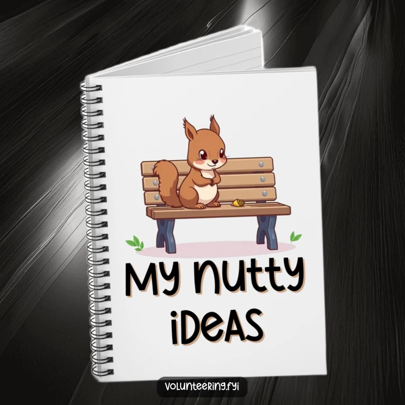 Funny notebook showcasing a focused squirrel cleaning a park bench, perfect for notes and eco-friendly planning.