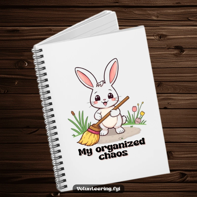 Funny notebook with a smiling rabbit sweeping a path with a broom, designed for organized note-taking.