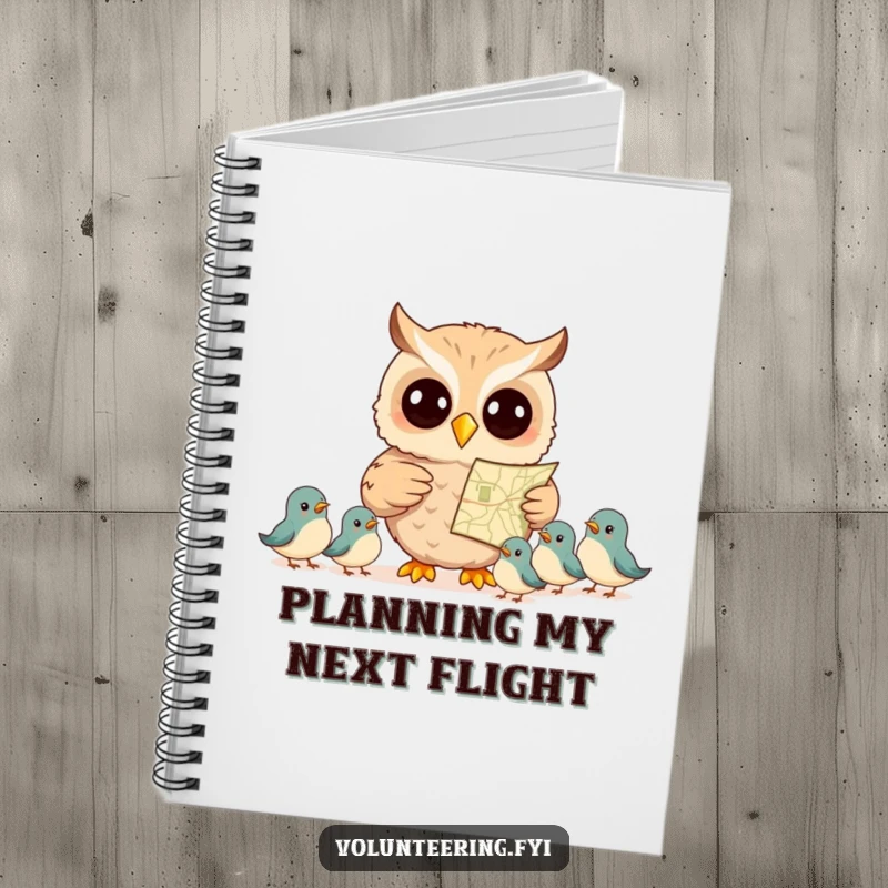 Funny notebook cover featuring a smiling owl pointing at a map to guide smaller birds, ideal for journaling and note-taking.
