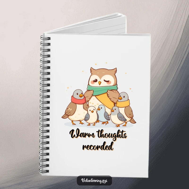 Funny owl notebook featuring a kind owl sharing blankets with pigeons, ideal for writing and as a heartwarming funny gift.