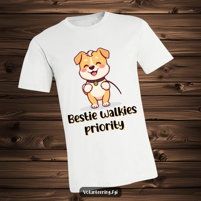 Funny T-shirt with a Kawaii dog holding a leash, ready to walk with an elder, depicting loyalty and friendly companionship.