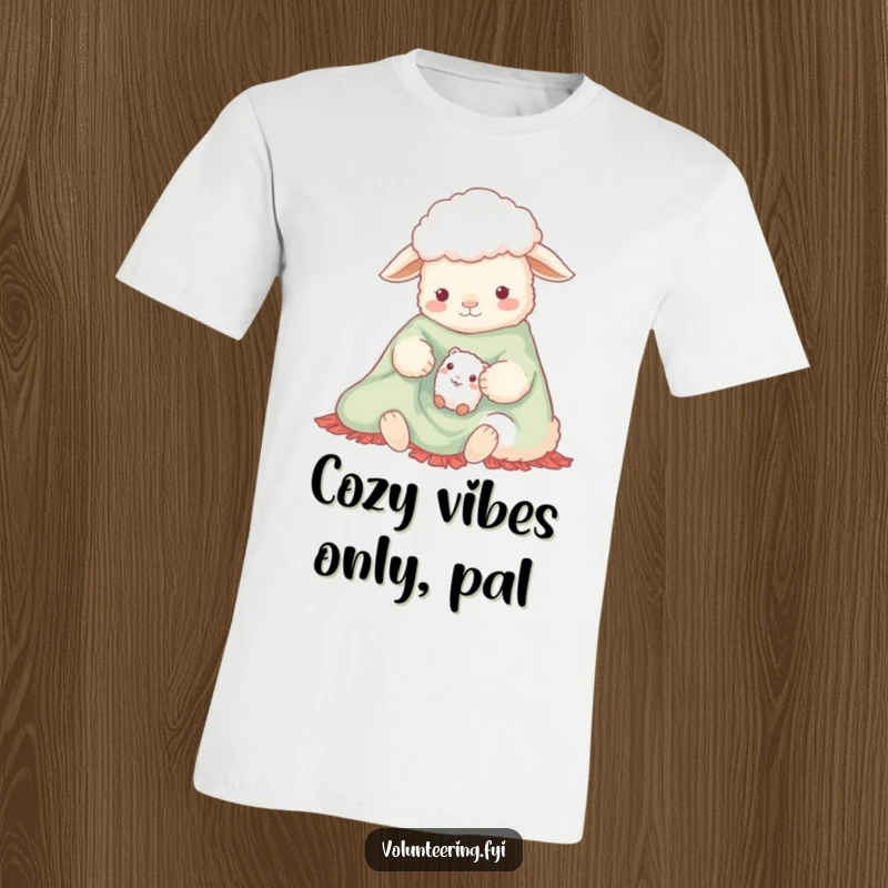 Funny t-shirt featuring a gentle sheep and a small creature sharing a bright, cozy blanket, highlighting themes of friendship and warmth.