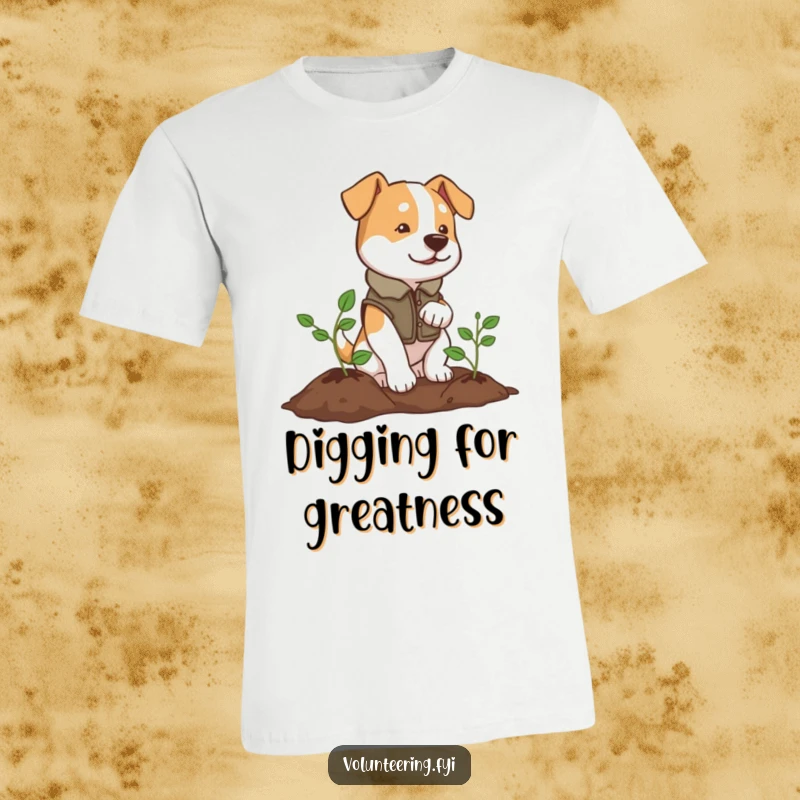 Funny t-shirt depicting a determined dog wearing a vest, planting a tiny tree, celebrating environmentalism.