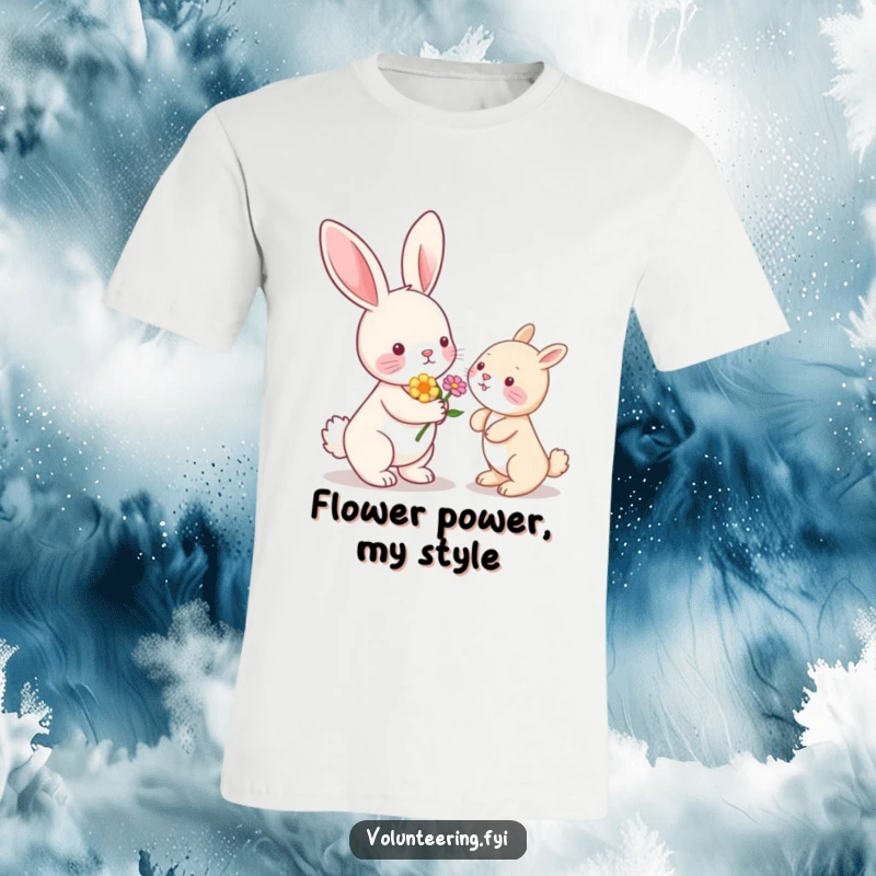 Funny Kawaii bunny rabbit holding out a flower to another animal, cute t-shirt depiction of kindness.