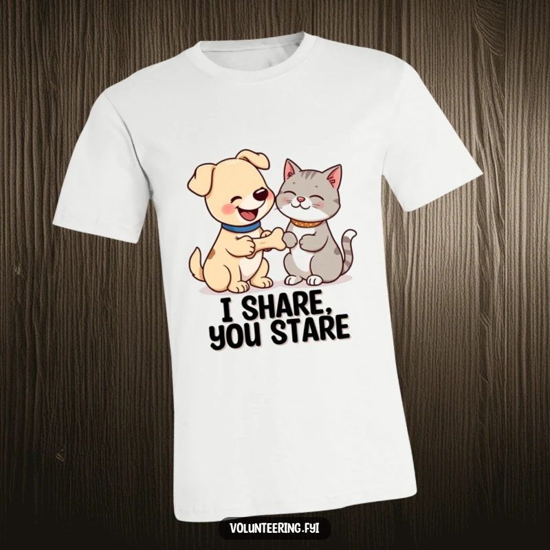 Funny t-shirt with a happy dog sharing a bone with a grateful cat, depicting a charming and humorous animal interaction. Ideal funny gift.