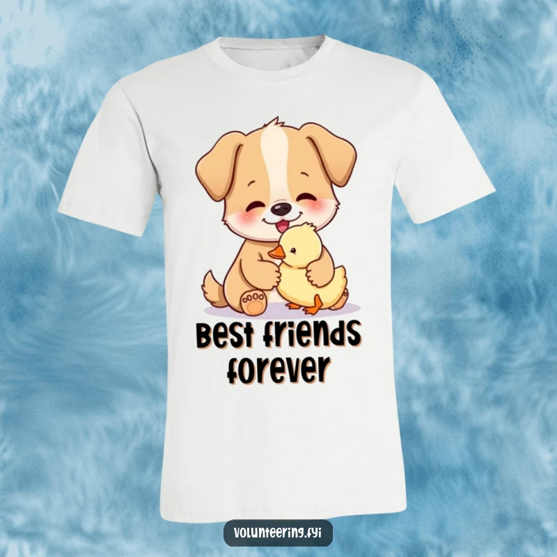 Funny t-shirt graphic of a happy dog gently petting a small, fluffy duckling, showcasing interspecies friendship.