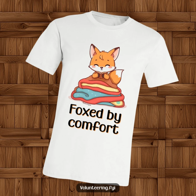 Funny T-Shirt showcasing a playful fox character tidying up a pile of colorful blankets, radiating a sense of neatness and charm.
