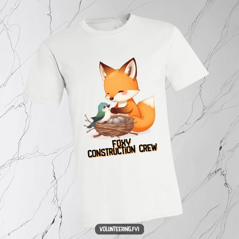 Funny fox t-shirt, a playful fox gently assisting a tiny bird in building a nest with delicate twigs, a scene of woodland harmony.