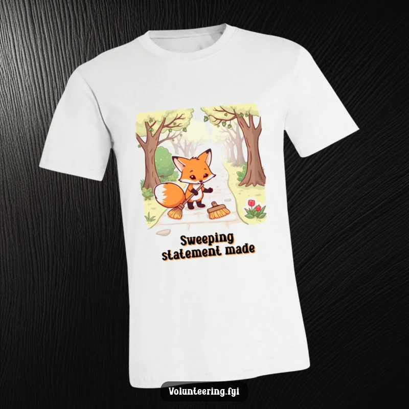 Funny fox t-shirt with a determined animal meticulously sweeping a park pathway, a humorous gift for eco-conscious and tidy individuals.