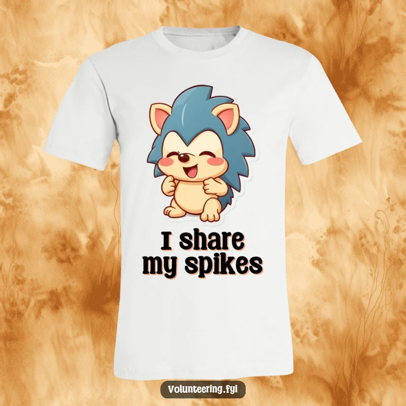 Funny enthusiastic hedgehog character sharing a toy on a t-shirt, great funny gift.
