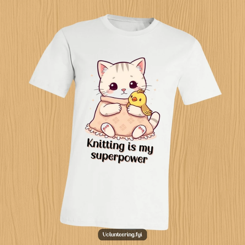 Funny Kawaii Cat Knitting T-Shirt: Cute cat intently knitting a warm blanket for a tiny bird, a symbol of kindness.