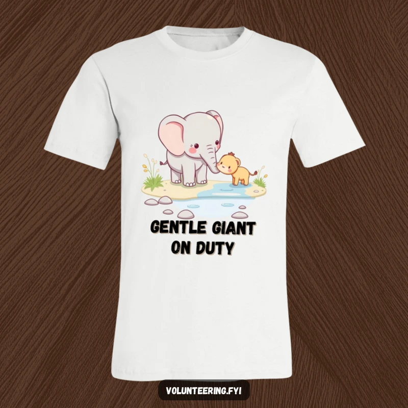 Funny kawaii elephant t-shirt, gently assisting a smaller creature across a water stream, symbolizing care and protection, a heartwarming graphic tee.