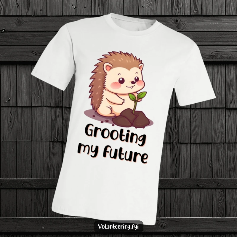 Funny kawaii hedgehog t-shirt, actively planting a small seedling in the soil, symbolizing growth and nature's beauty, a delightful graphic tee.