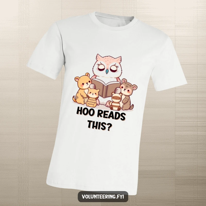 Funny t-shirt with a kawaii owl reading a book to attentive animal friends, embodying wisdom and a love for literature.