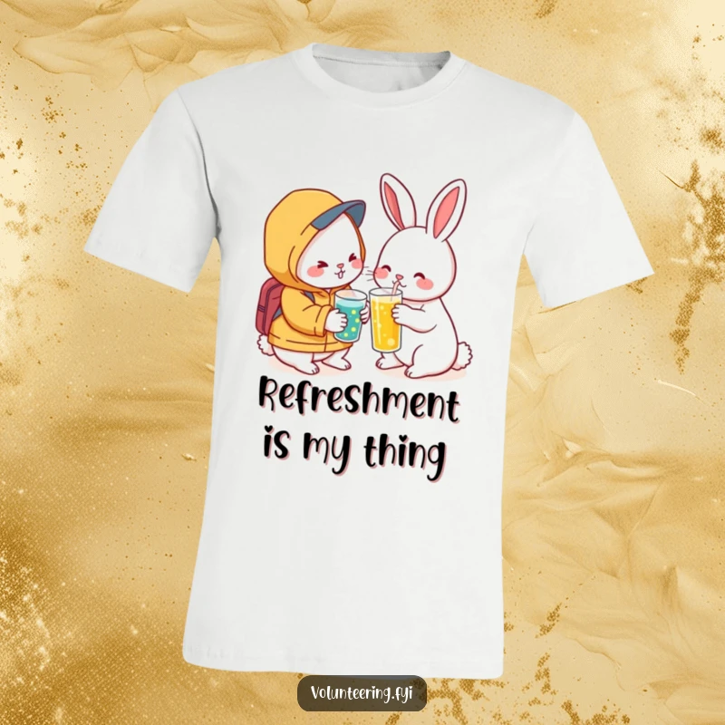 Funny Kawaii Rabbit Friend T-Shirt: Cute rabbit offering a drink to a friend, promoting themes of kindness and support.