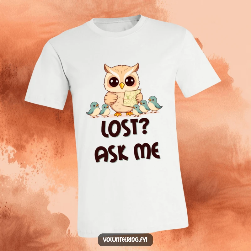 Funny t-shirt with a smiling owl pointing at a map, guiding smaller birds, representing adventure, knowledge, and humorous direction.
