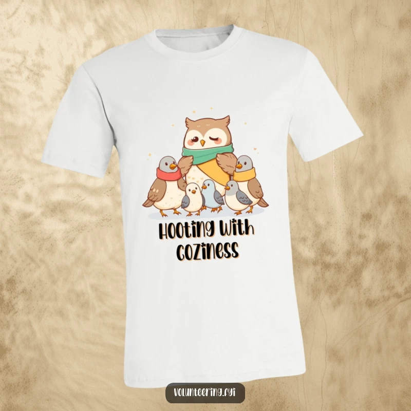 Funny owl t-shirt featuring a compassionate owl distributing warm blankets to shivering pigeons, a cozy and humorous funny gift.