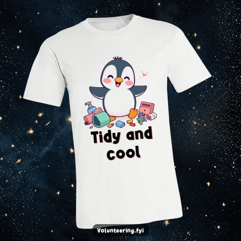 Funny penguin t-shirt, a cheerful penguin energetically tidying scattered items with a flurry, a humorous and neat apparel gift.