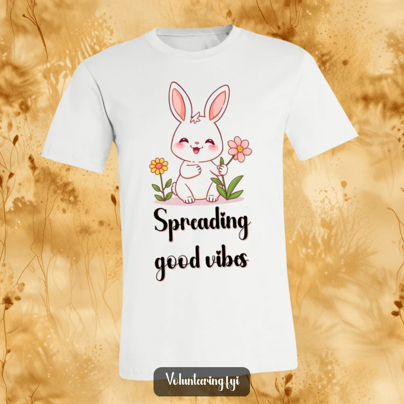 Funny t-shirt with a friendly rabbit smiling and offering a flower, representing kindness, joy, and positive vibes.