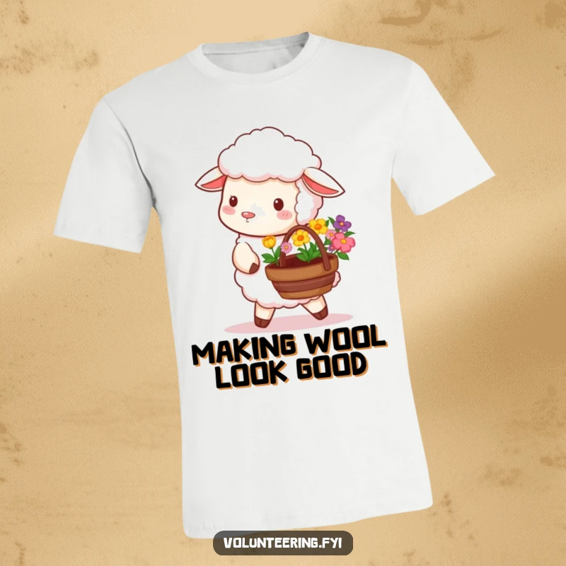 Funny t-shirt graphic of a fluffy sheep carrying a basket brimming with colorful flowers, ready to plant.