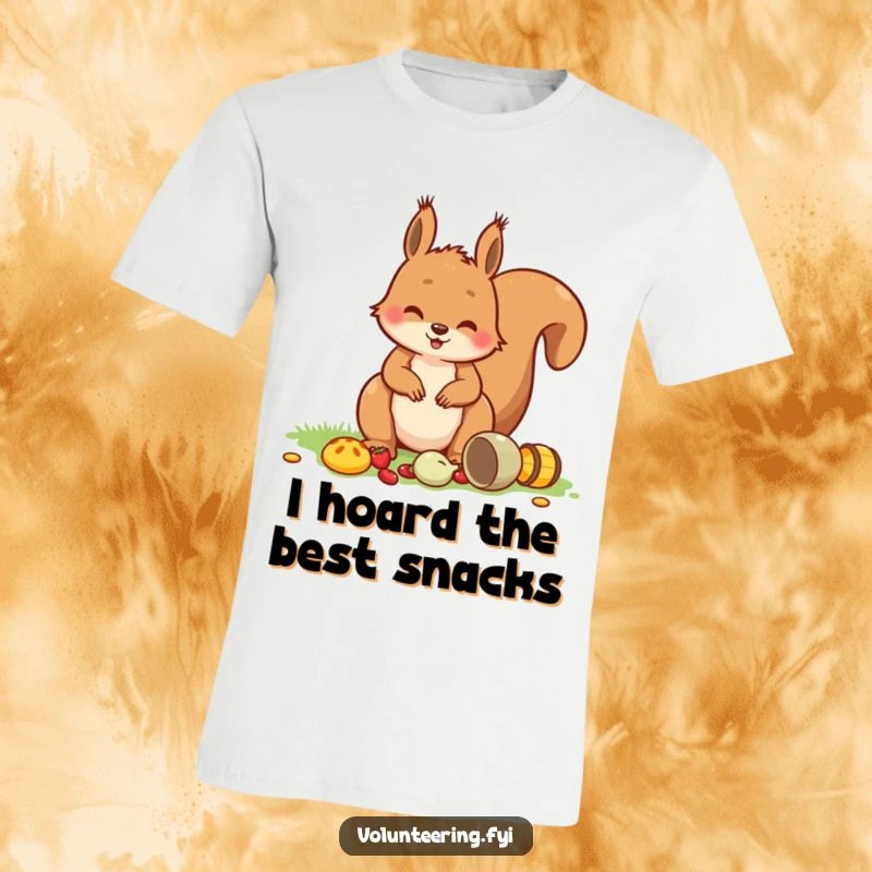 Funny Squirrel Picnic T-Shirt showing a playful squirrel tidying picnic items with a happy smile, perfect for nature lovers.