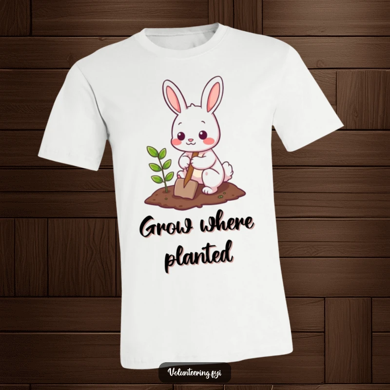 Funny T-Shirt showcasing a cute bunny character actively planting a small tree with a shovel, radiating helpfulness and nature appreciation.