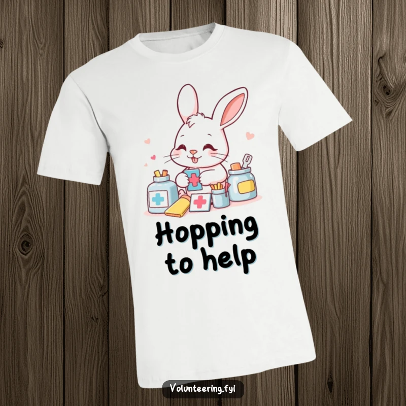 Funny smiling bunny meticulously sorting colorful aid supplies with a determined look, showcased on a comically organized t-shirt.