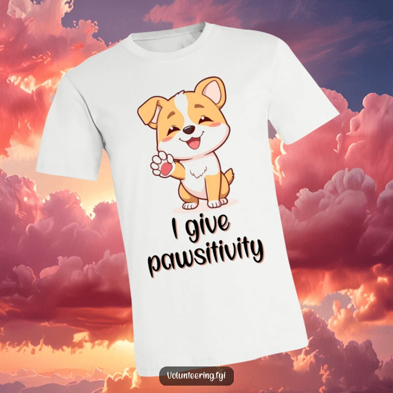 Funny joyful dog character offering a friendly paw to another dog on a t-shirt, great funny gift.