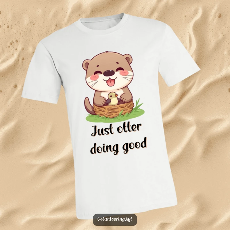 Funny Otter Helping Bird Nest T-Shirt featuring a joyful otter gently returning a small bird to its cozy nest, celebrating kindness.