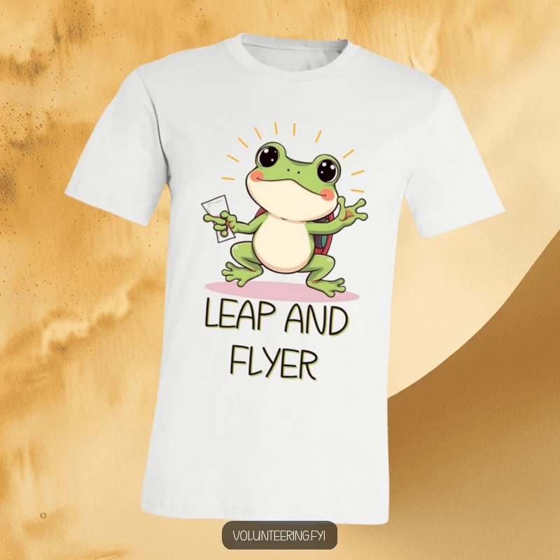 Funny frog t-shirt, a jumping frog with a backpack beaming while handing out flyers, a humorous and energetic apparel gift.