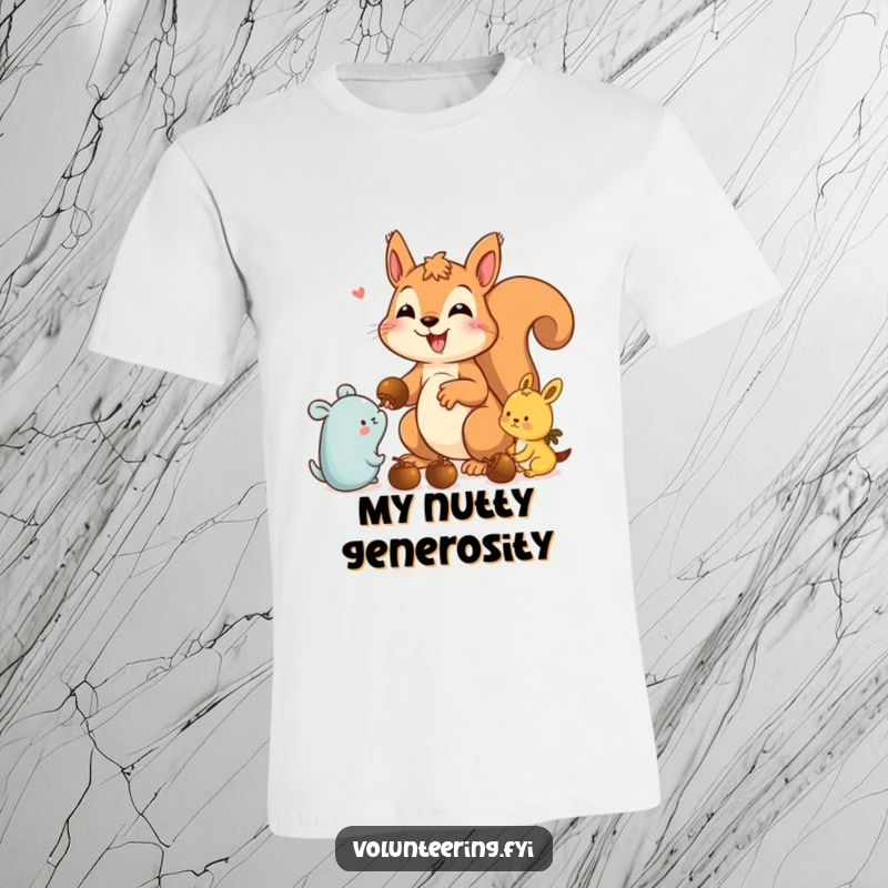 Funny squirrel t-shirt depicting a delighted squirrel distributing acorns to various friendly animals in a forest setting.