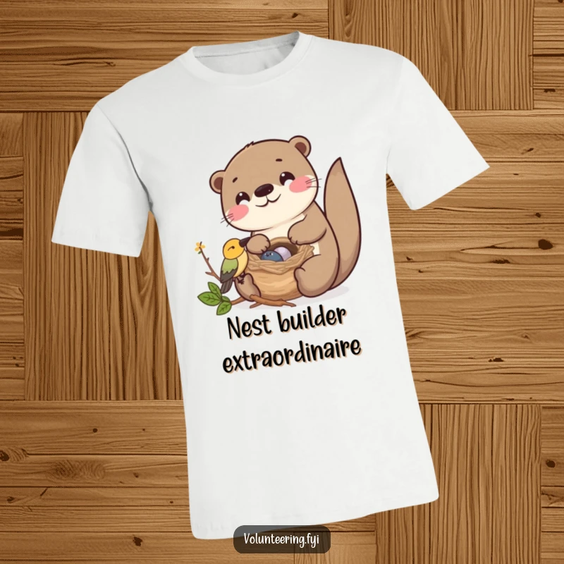 Funny Kawaii otter helping a bird build its nest, cute t-shirt for friends.