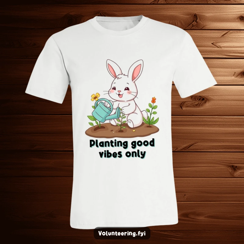 Funny t-shirt featuring a smiling bunny watering a new plant, illustrating a humorous and heartwarming gardening moment. Ideal funny gift.