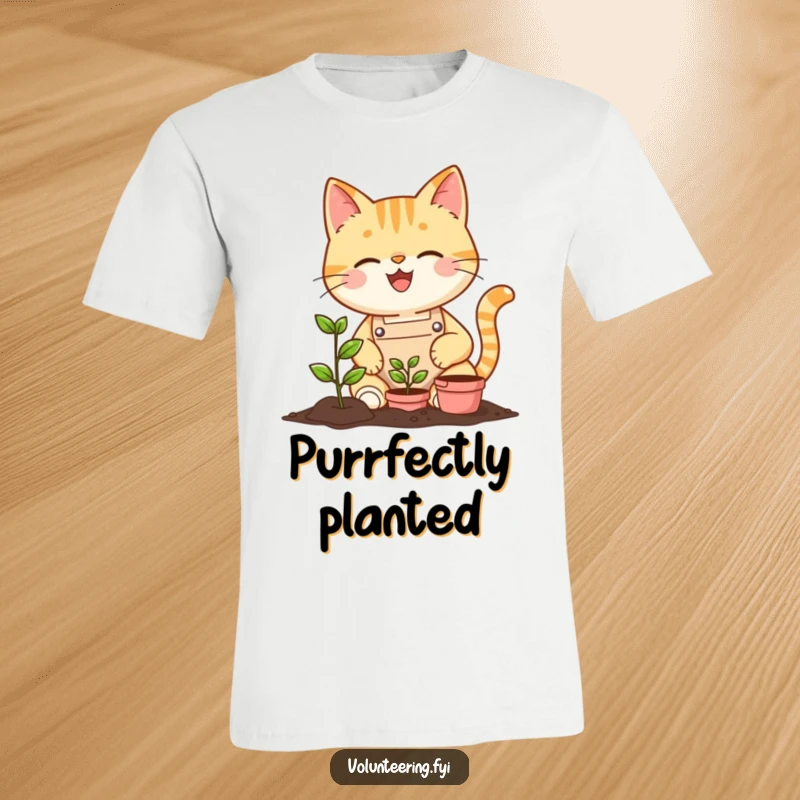 Funny cheerful cat in an apron planting a tiny seedling with a bright smile, printed on a comically cute t-shirt.