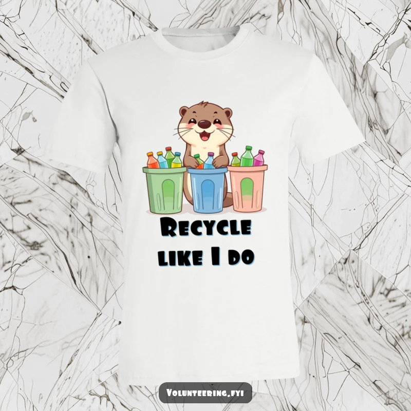 Funny otter t-shirt, an enthusiastic otter diligently sorting colorful plastic bottles into recycling bins, promoting eco-action.
