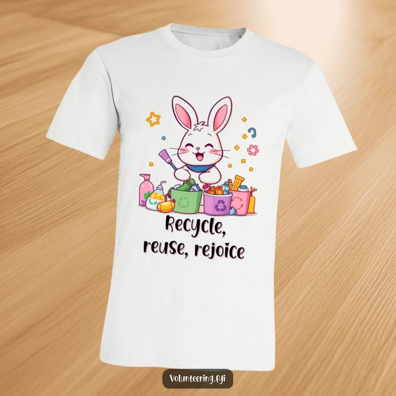 Funny Rabbit Recycling T-Shirt: An energetic rabbit happily sorts various colorful recyclable materials, embodying enthusiasm for the environment.